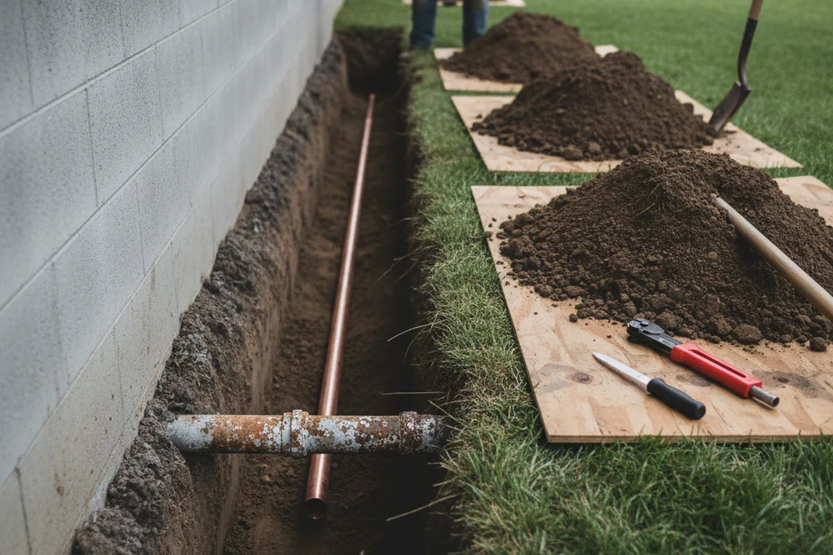 Excavated water line trench during Water Softener Installation in Bolingbroke